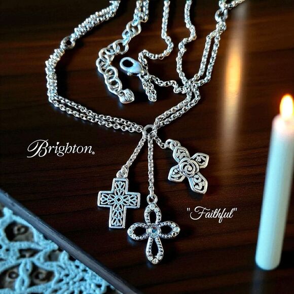 BRIGHTON "Faithful" Triple Cross Silver And Crystal Y Drop Vintage Necklace - Picture 1 of 14